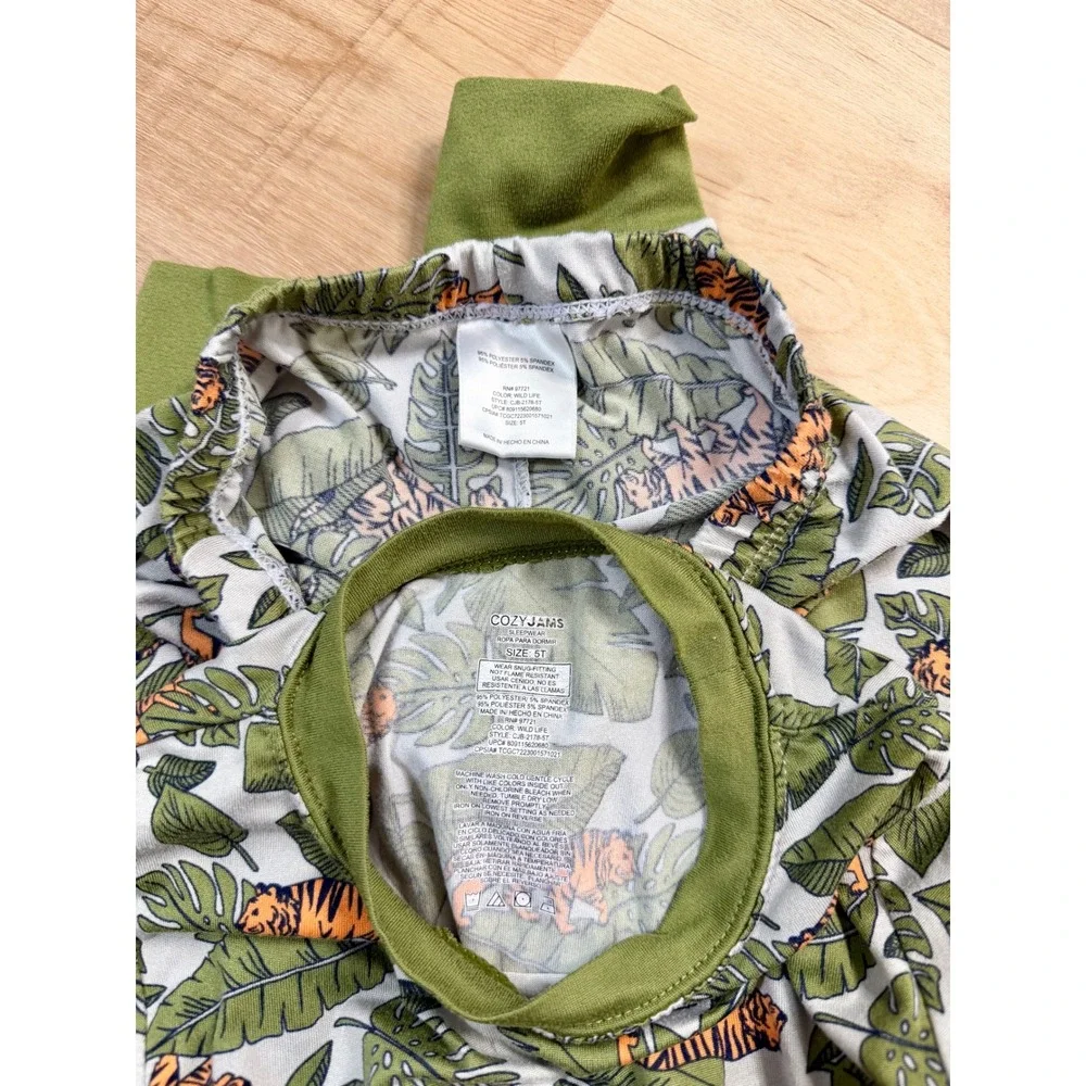 Cozy Jams Kids 4 Piece Pajama Set Tiger Jungle Wild Life Crew Orange Green 5T